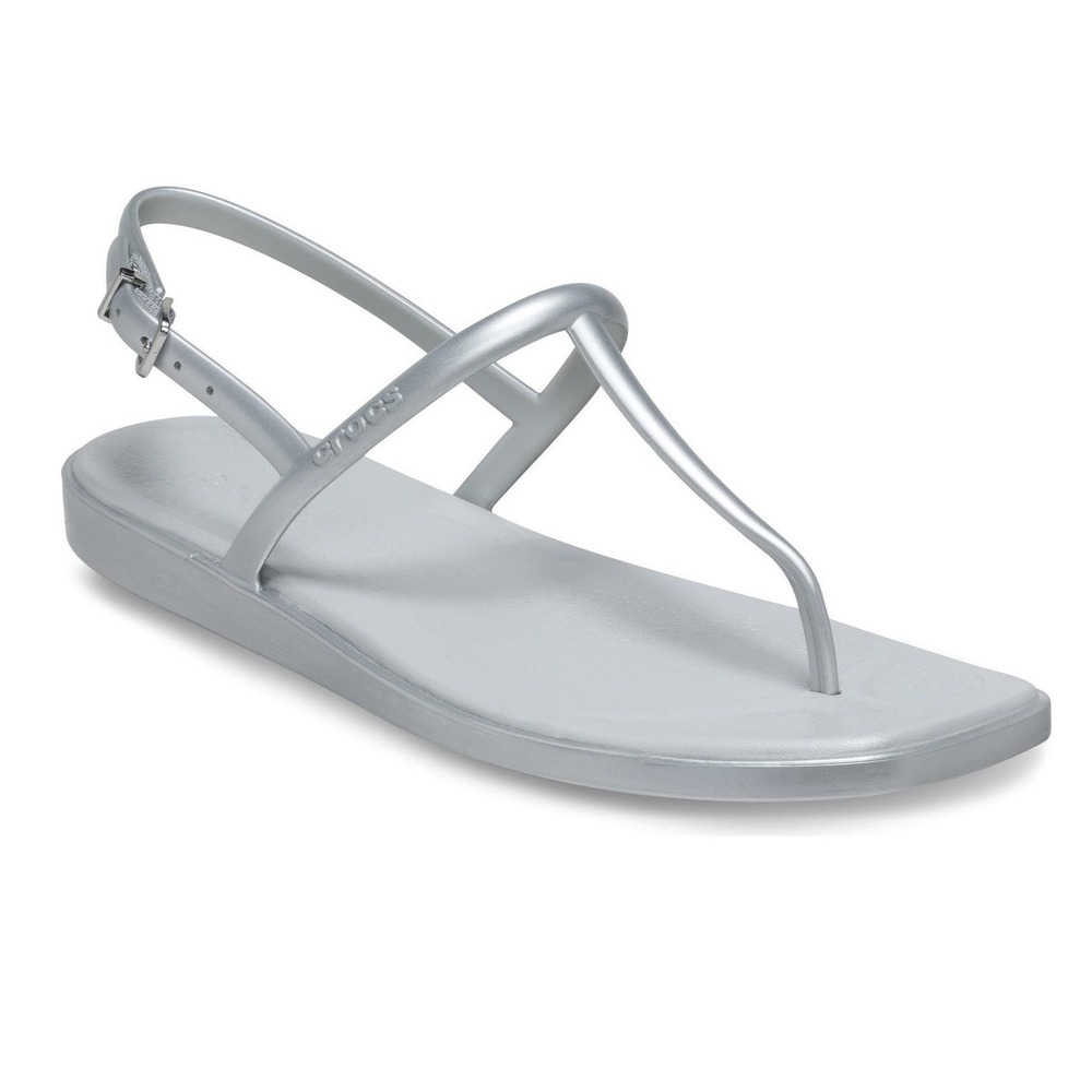 Crocs Womens Miami Metallic Thong Flip Sandals Size 7 Silver Strappy Flat NWT